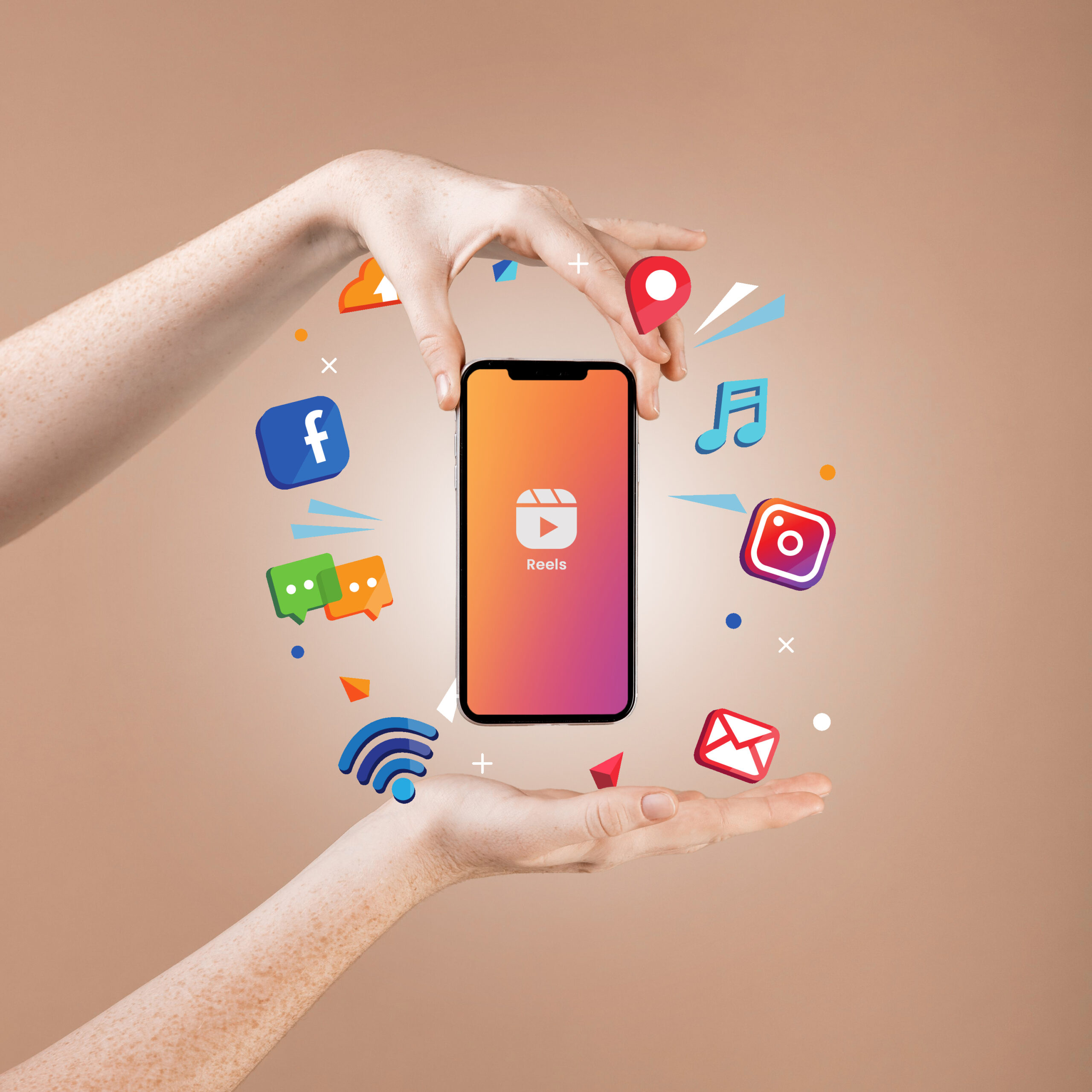 Smartphone displaying the reels logo and surrounded by social media icons